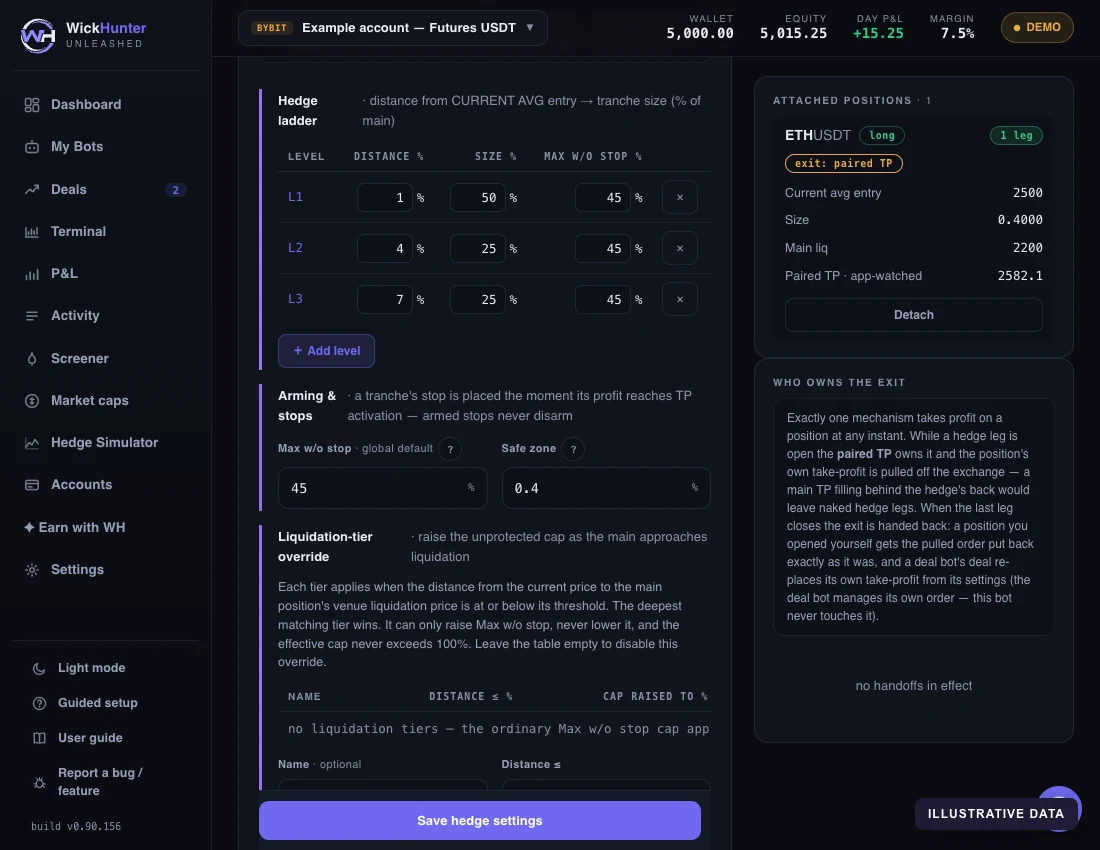 Actual Hedge Bot interface showing position controls and settings, with sample data